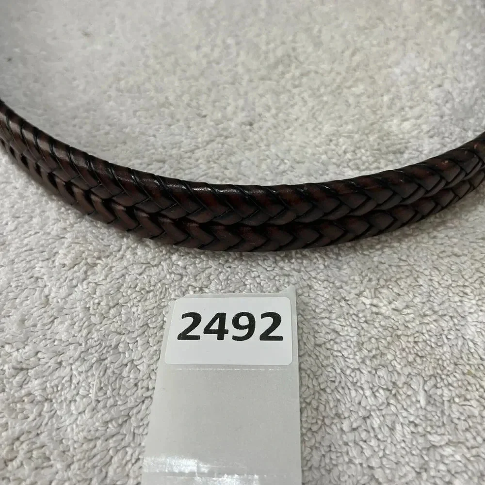 Fossil Mens Brown Woven Braided Leather Belt Size 110/M Solid Brass Buckle *Flaw